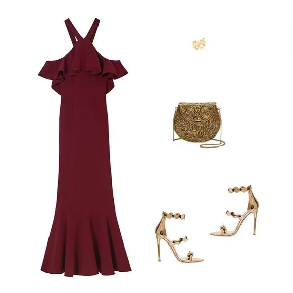 Rachel Zoe Baxter Cold-Shoulder Stretch-Crepe Gown Burgundy Ruffle Dress Sz 8 - Picture 3 of 8